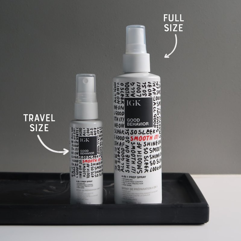 IGK GOOD BEHAVIOR 4-in-1 Prep Spray Travel Size | Gently Detangles, Controls Frizz for 24 Hours, Heat Protection & Shine | Weightless Formula for Smooth Hair | 2.0 Fl Oz (Pack of 2)