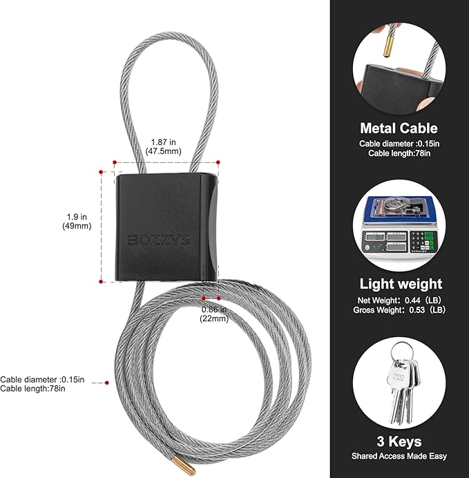 BOZZYS Cable Lock with 3 Keys | L 6.56ft(2m),D 1/6in(4mm) Adjustable Steel Cable Padlock | Aluminum Locks for Bikes, Gate, Lockers & Outdoor Gear | Weatherproof & Black