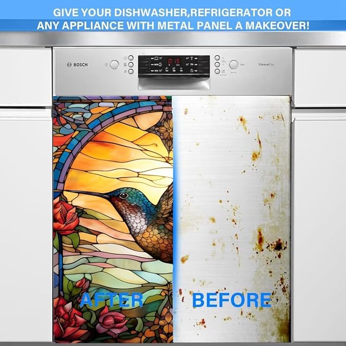 Hummingbird Magnetic Dishwasher Cover, Stained Glass Window Design, 23" x 26" Vinyl Decal for Dishwasher, Refrigerator, Oven, Stove, Easy to Install and Remove