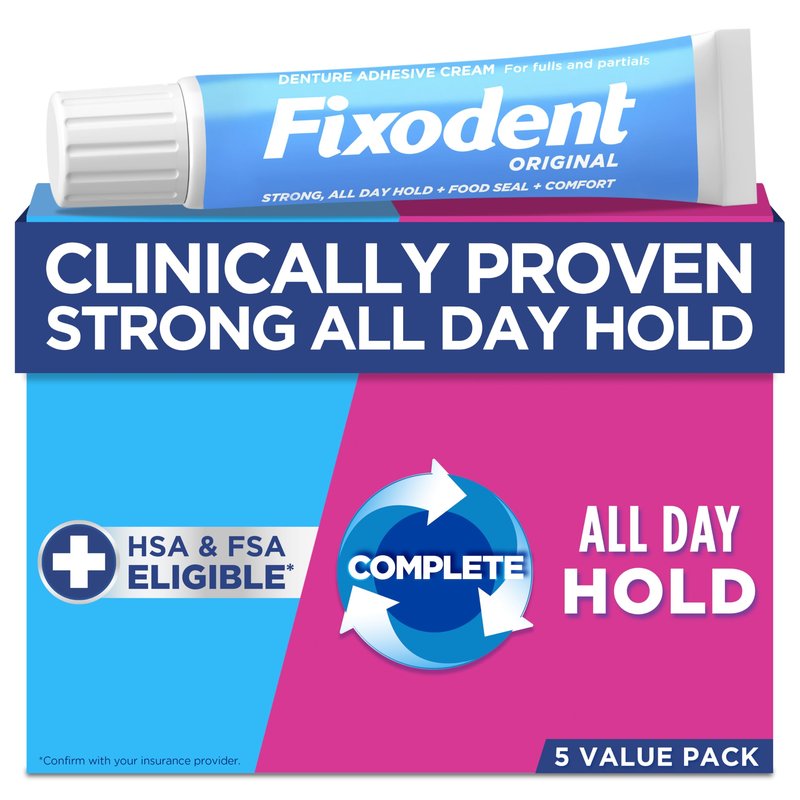 Fixodent Original Secure Denture Adhesive Cream for Full and Partial Denture Wearers, 2.4oz (Pack of 5)