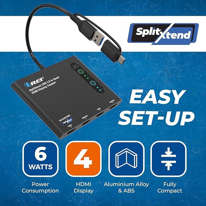 OREI SplitExtend HDMI Splitter Extended Display for Quad Monitor - Laptop Multiple Monitor Adapter with 4 Displays - USB-C to HDMI Adapter, 2X 4K@30Hz & 2X 1080p - Drivers Required - Windows/Mac