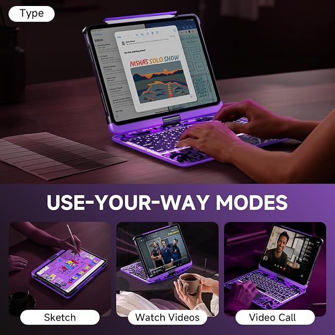Transparent Case with Keyboard for iPad Air 13 Inch (M4/M3/M2, 2026/2025/2024), iPad Pro 12.9 (6/5/4/3 Gen),7-Color Backlit,Magic wireless Keyboard, 360°Rotating,with trackpad,Pencil Holder,Purple