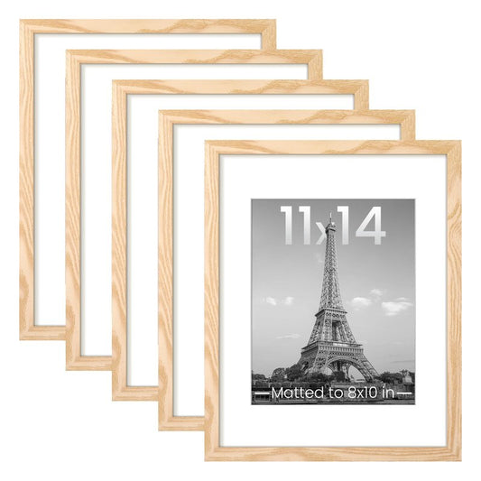 upsimples 11x14 Picture Frame Set of 5, Display Pictures 8x10 with Mat or 11x14 Without Mat, Wall Gallery Photo Frames, Natural