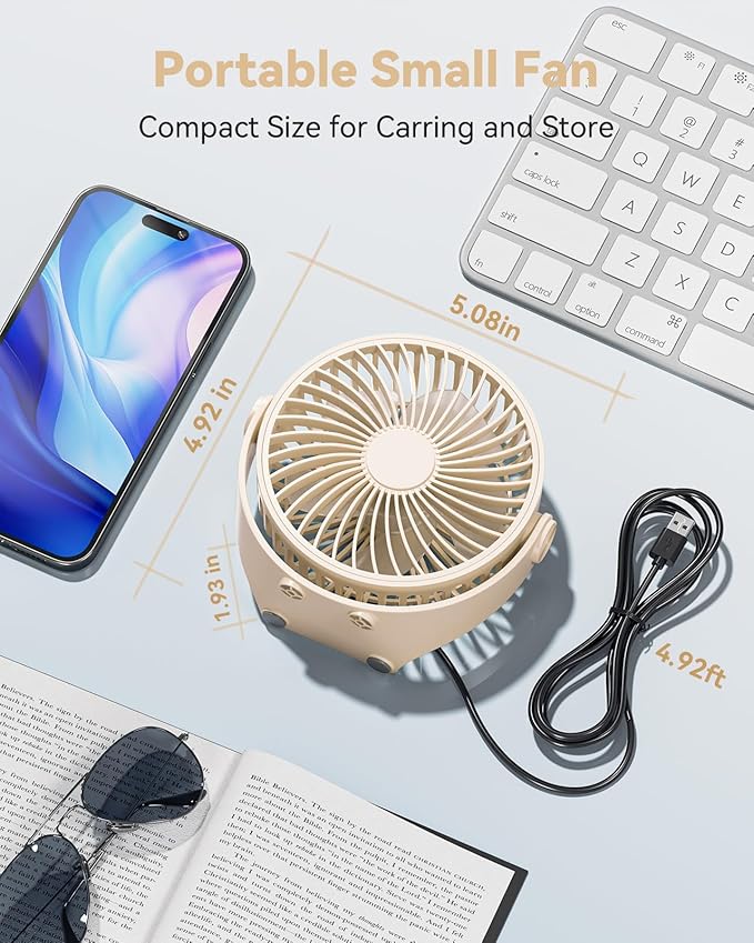 Edvision USB Desk Fan, 5 Inch Mini Portable, 3 Speeds Strong Airflow Personal Desktop, Detachable Cooling Fan 360° Rotation Quiet Small Fan for Desk Home Office Travel Car, Beige, 5ft Cable