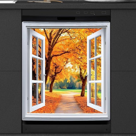 Autumn Gold Trees Windows Dishwasher Magnet Cover for The Front Magnetic Dishwasher Door Covers Dish Washer Sticker Wrap Home Decorative Appliances Panel Decal Kitchen Decor 23" x 26" (Magnetic)