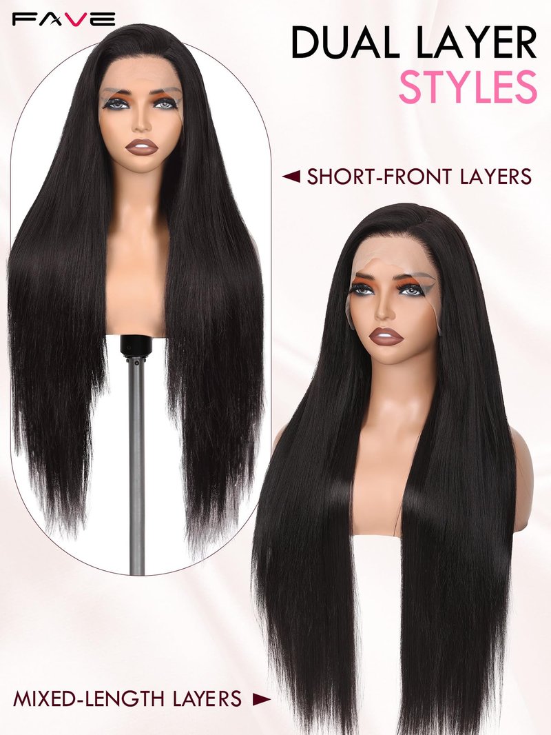 FAVE 13x4 Lace Front Wigs 30” Long Straight Synthetic Wig Pre-Plucked Glueless Brunette Wig for Daily Use Chocolate Brown Wig Beginner Friendly