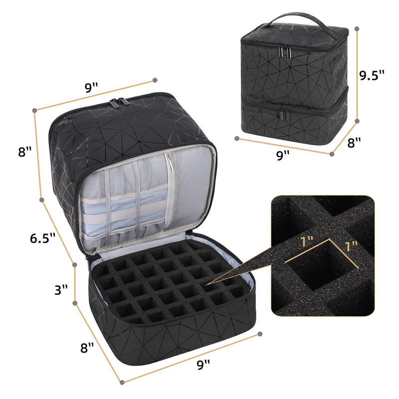 Nail Polish Storage Organizer - Double Layer Gel Nail Polish Bag | Holds 30 Bottles, Portable Compartment Case, Black
