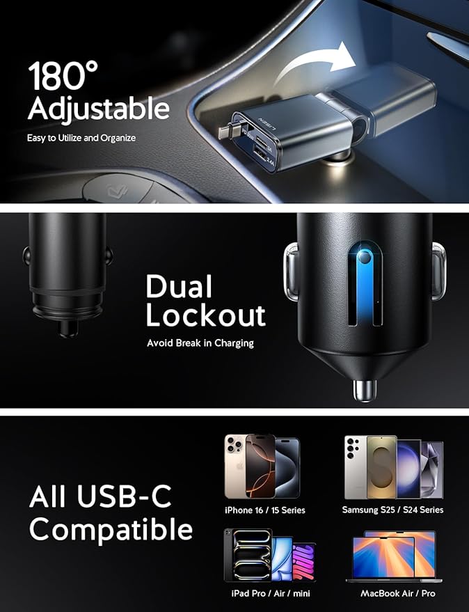 LISEN Car Charger USB C Fast Charge, [Single-Port] Retractable Car Charger USB C, RV Power Adapters for Women Men Phone Type C Charging for iPhone 17 Pro Max 16 15 Samsung S26 S25, MacBook Neo