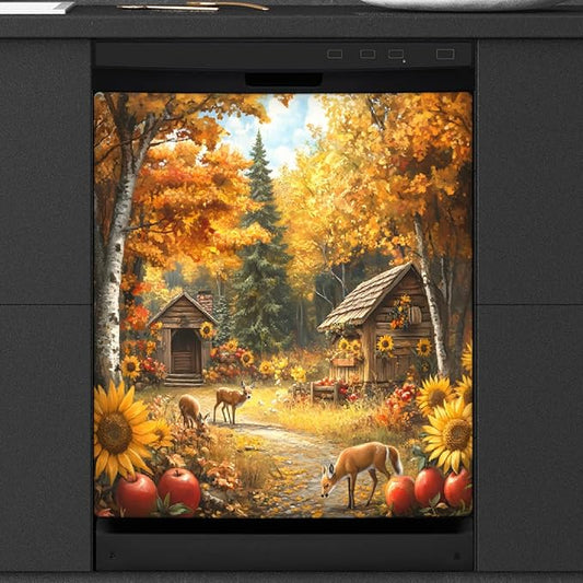 Autumn House Deer Golden Dishwasher Magnet Cover for The Front Magnetic Dishwasher Door Covers Dish Washer Sticker Wrap Home Decorative Appliances Panel Decal Kitchen Decor 23" x 26" (Magnetic)