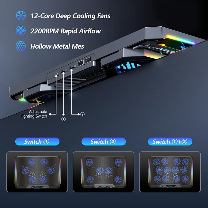 Trullypine Laptop Cooling Pad with 12 Quiet Fans, Slim Portable for 12-17.3 Inch Laptop Cooler Stand with 5 Height Adjustable, Ergonomic Gaming Cooling Fan Pad with Two USB Ports & Phone Holder (Gear)