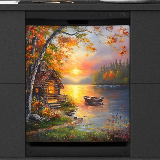 Autumn House Lake Boat Dishwasher Magnet Cover for The Front Magnetic Dishwasher Door Covers Dish Washer Sticker Wrap Home Decorative Appliances Panel Decal Kitchen Decor 23" x 26" (Magnetic)