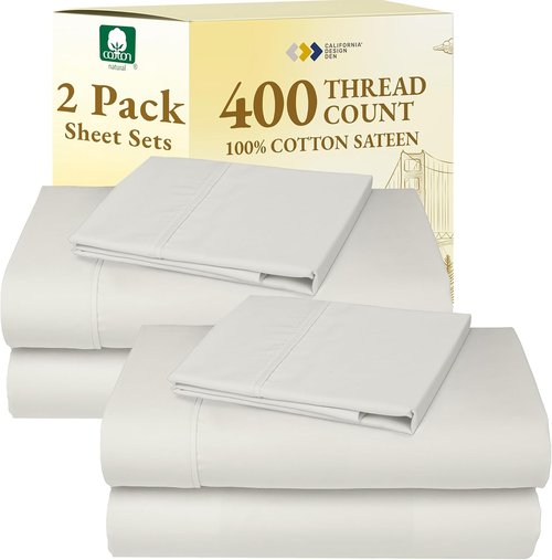 California Design Den Twin Sheet Sets - 400 Thread Count 100% Cotton Sateen - Soft, Breathable Ivory (2-Pack)