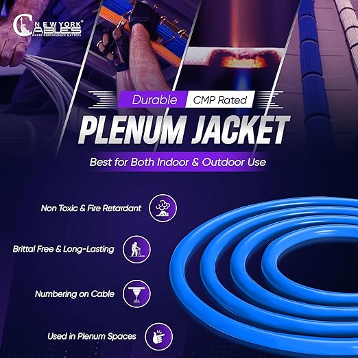 Newyork Cables | Cat6a Plenum Ethernet Cable 1000ft Certified 100% Solid Pure Copper 23 AWG, 10Gbps, 750MHz, PoE++ (4PPoE, up to 90 W) | High-Performance Cat 6a Cable for High Speed Networking