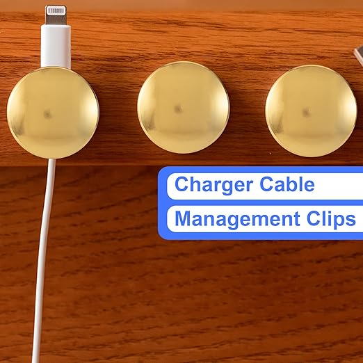 SmallCat 1 Sets Charger Holders for Cords, Gold Color Adjustable Cable Anchor Holders, Adhesive Metal Cord Clips, Cable Management Wire Organizers for Desk, Office, Nightstand