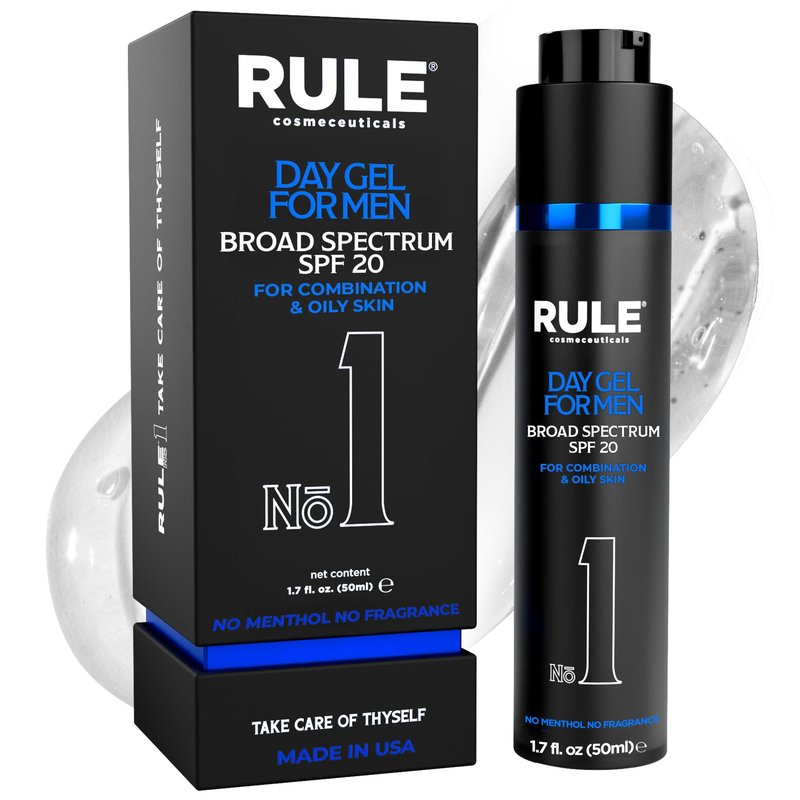 RULE COSMECEUTICALS No.1 Day Gel for Men, 10-in-1 Anti-Aging Face Moisturizer to Reduce Wrinkles, SPF 20, Collagen, Vitamins B, C & E - Combination & Oily Skin - No Menthol, No Fragrance, 50 mL