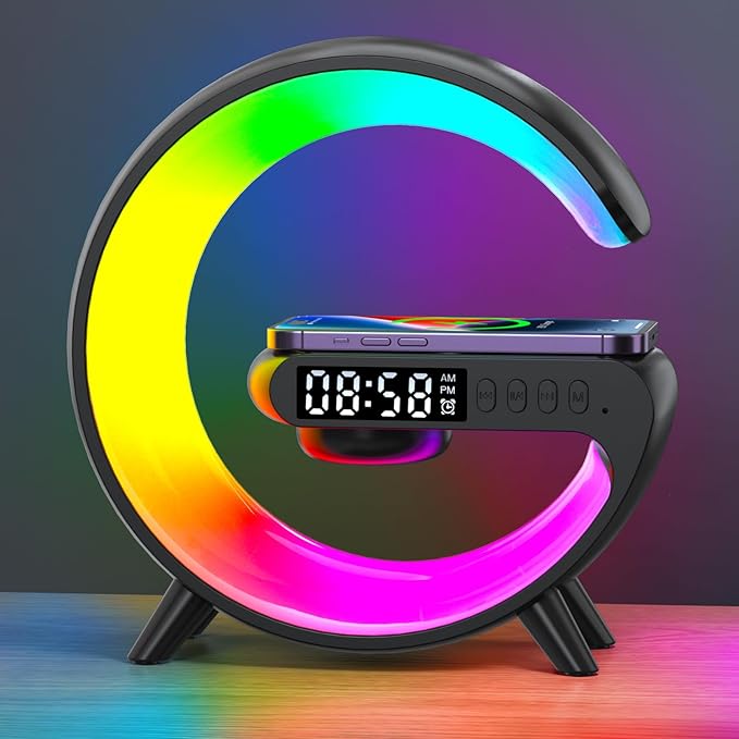 XCDIFA Mini LED Table Lamp with 4-in-1 Wireless Charger, Night Light, Sunrise Alarm Clock, Bluetooth Speaker, Smart Atmosphere Table Lamp for Bedroom, Office, Home Decor (Black)