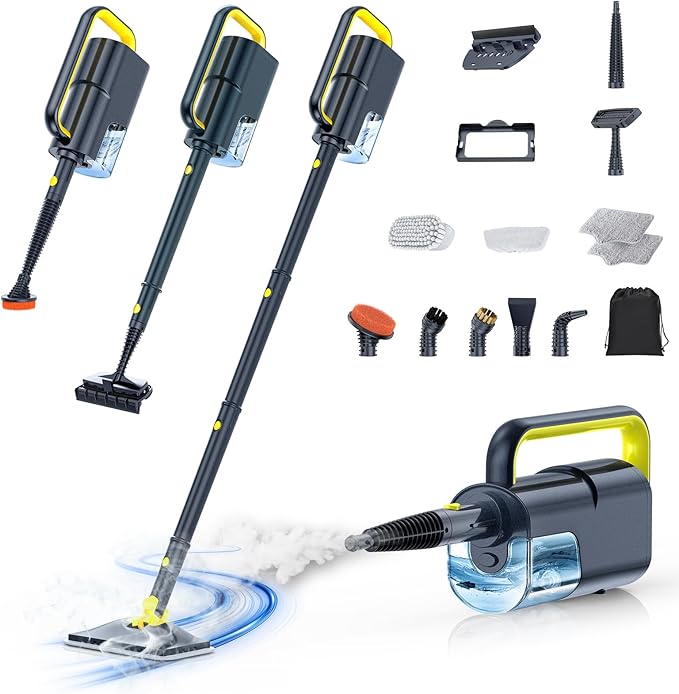 LABIGO 10-in-1 Steam Mop with Detachable Handheld Steamer, 350ml Tank, 10s Heat-Up, 248°F Steam Cleaner, 2-Level Control and Swivel Head for Floors, Carpets, Tiles, BBQ grill Multi-Surface Dark Grey