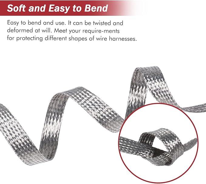 BuyUneed Tinned Copper Metal Braid Sleeving Wire Shielding Sleeve Braided Copper Ground Straps EMI/RFI Interference Expandable Flat Mesh Shielding Cable for Protect Wire (1/2inch-13ft)