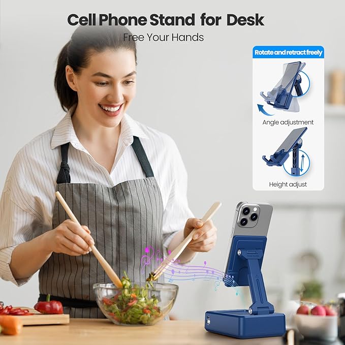 JTEMAN Cell Phone Stand with Bluetooth Speaker and Charging Function, HD Sound Adjustable Phone Holder, Birthday Gifts for Men Women, Cool Tech Kitchen Gadgets for All Phones,Tablet (Blue)