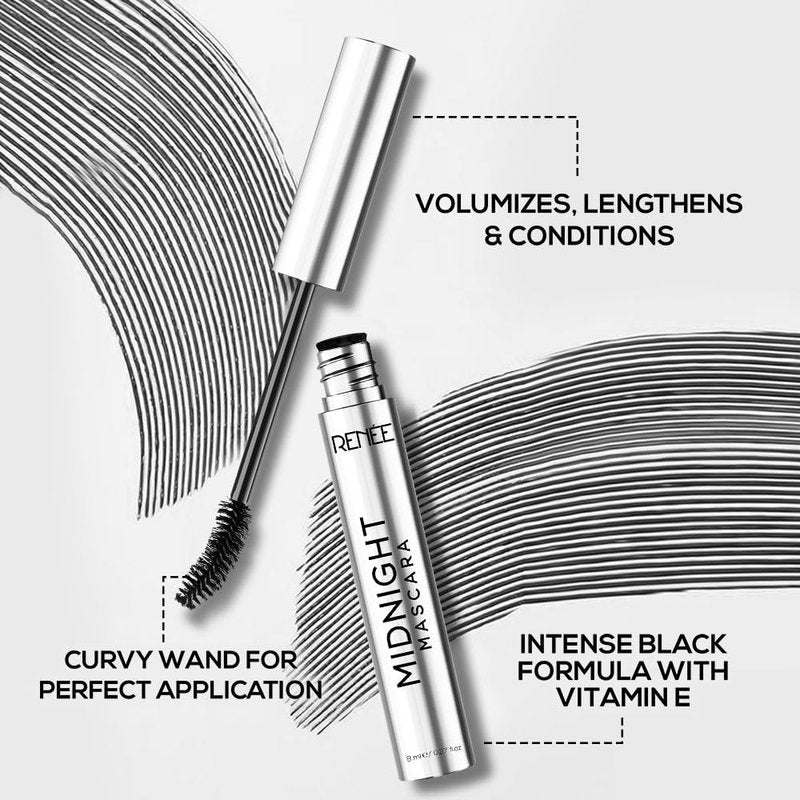 RENEE Midnight Mascara with Unique 360-Degree Wand, Darkest Black, Clump-Free & Long-Lasting Formula, Volumizes, Lengthens & Nourishes, Infused with Vitamin E