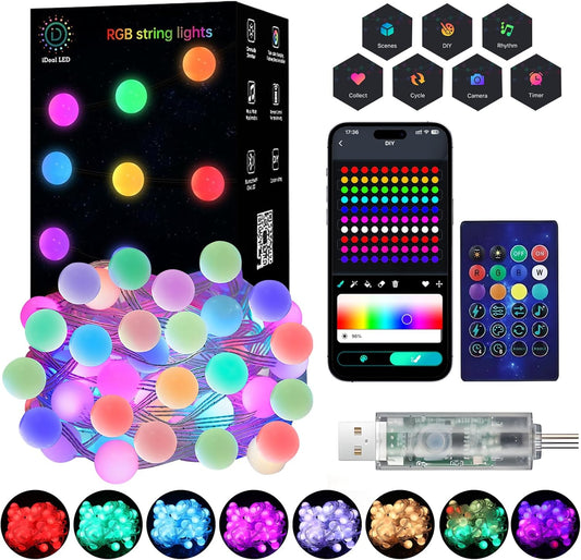 Skiennix RGB Color Changing Globe String Lights - 33ft Smart Fairy Lights with App Control for Indoor/Outdoor Decor