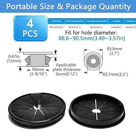 BOPOREAE 4 Pcs Cable Grommet, Snap Bushing 3-9/16" (90 mm) Mounting Diameter, Flexible Petal-Shaped Buckle Round Nylon Desk Grommet for Wires Through Countertop Cord Organizer and Protection, Black
