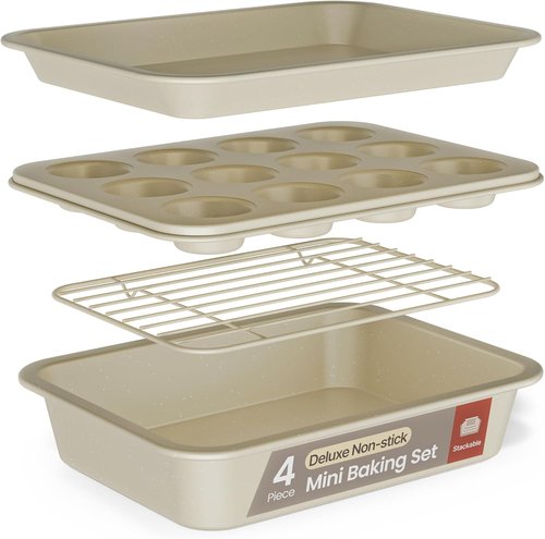 Bakken Nonstick Carbon Steel Bakeware Set - 4-Piece Space-Saving & Dishwasher Safe | White Marble, Oven Safe Up To 450°F