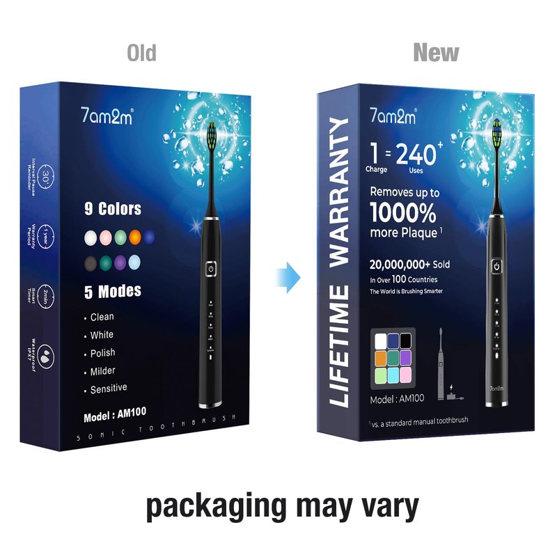 7AM2M Sonic Electric Toothbrush with 6 Brush Heads for Adults&Kids, One Charge for 120 Days, Wireless Fast Charge, 5 Modes, 40000VPM Powered Toothbrush, 2 Minutes Built in Smart Timer (Black)