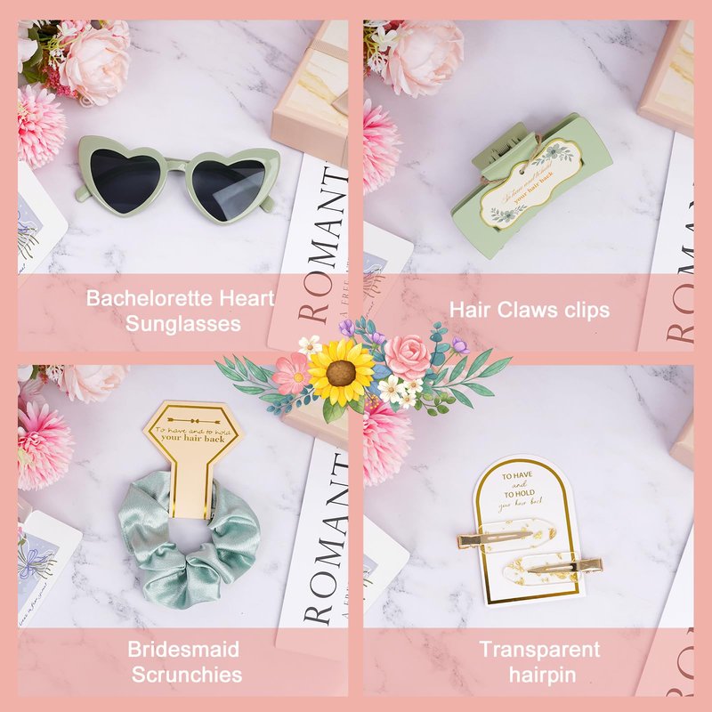 Sage Green Bridesmaid Gifts for Proposal, 12PCS Girls Gift Set with Hair Claws, Scrunchies, Makeup Clips & Heart Sunglasses, Wedding Bachelorette Party Favors, Birthday Gifts for Women Teens