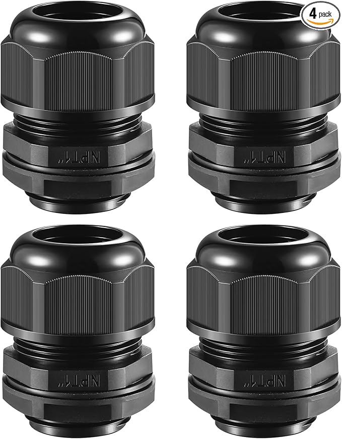 RTHIEAI 4 Pcs 1"(17-25mm) NPT Nylon Cable Gland Joints with Gaskets, IP68 Adjustable Lock Nut Strain Relief Cord Grip Waterproof Cable Glands - UL Listed and RoHS Compliant