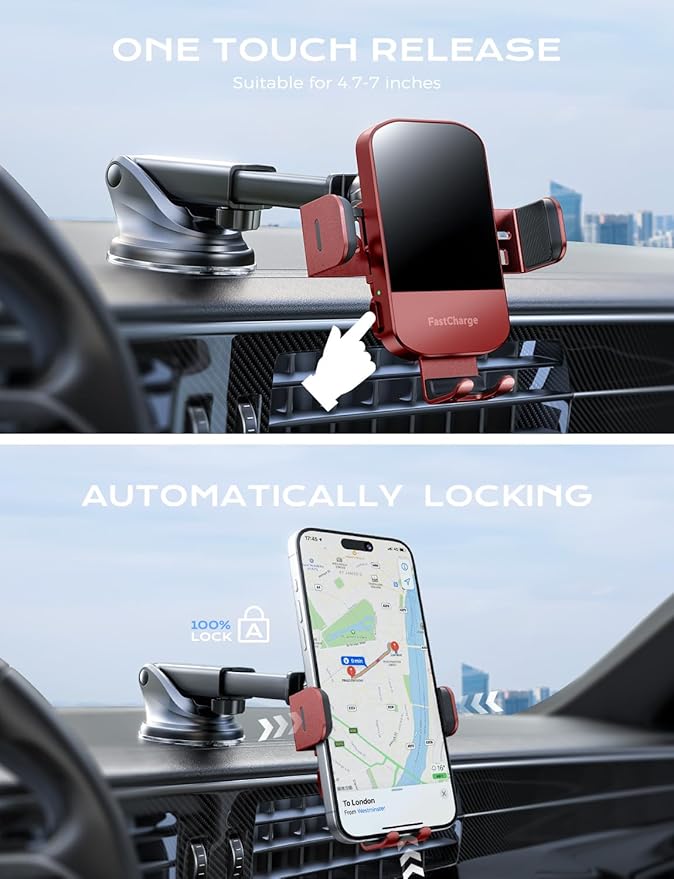 CHGeek Wireless Car Charger, 15W Fast Charging Auto Clamping Car Charger Phone Mount Phone Holder fit for iPhone 15 14 13 12 11 Pro Max Xs, Samsung Galaxy S24 Ultra S23 S22 S21, S20, S10+, Red