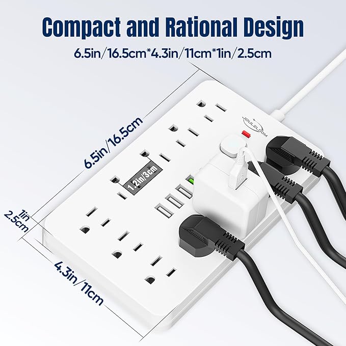 JouleLoom 5 FT Flat Plug Surge Protector Power Strip,11 Multiple AC Outlets with 6 USB Ports (2 USB C), 5 Feet Extension Cord, 1250W/10A, One Touch Switch Button, 17 in 1 Compact powerstrip-White