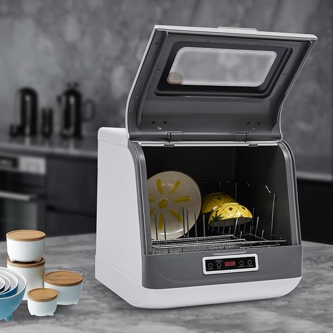 Countertop Dishwasher, 110V 800W Portable Compact Tabletop Dishwasher with 3 Washing Programs, Automatic Dish washer with Water Pipe, Cleaning Machine for Household Kitchen Apartment Boat (White)