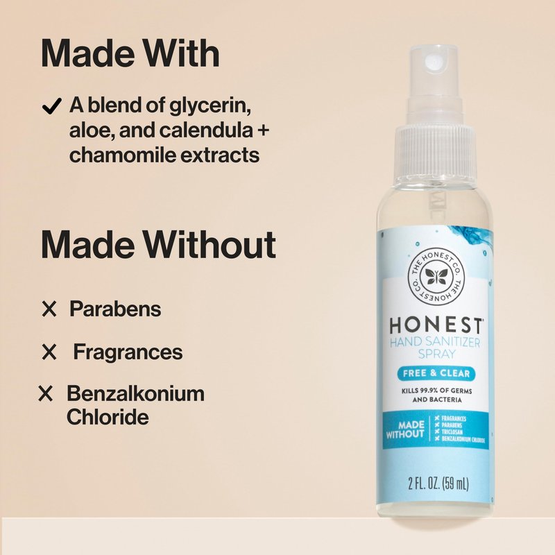 The Honest Company Plant-Based Hand Sanitizer Spray, Kills 99.9% of Germs, Hypoallergenic, Quick-drying, Moisturizing, Fragrance-Free, 2 fl oz