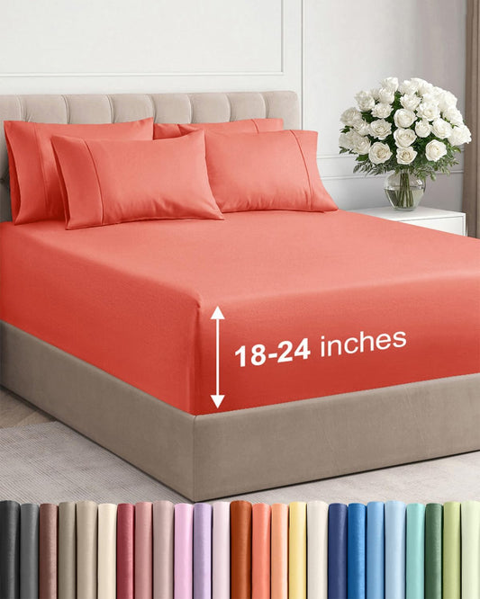 Skiennix Extra Deep Cal King Sheet Set - 6 Piece Breathable Cooling Bedding - Soft Coral Color, Wrinkle-Free