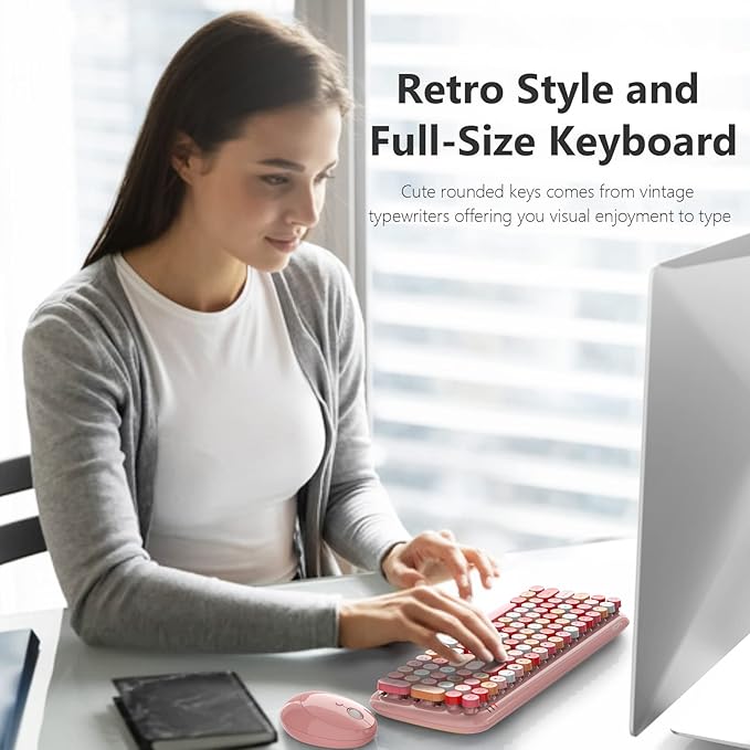 KNOWSQT Wireless Keyboard and Mouse Combo, Light Pink 100 Keys 2.4 GHz Round Keycap Typewriter Keyboards, USB Receiver Plug and Play, for Windows, PC, Laptop, Mac, Desktop