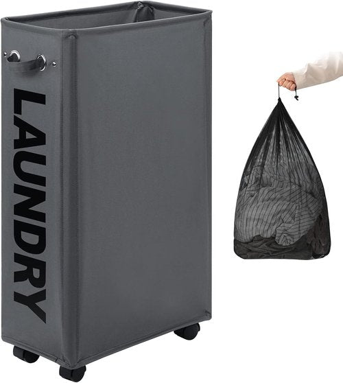 DOKEHOM 29-Inch Slim Laundry Basket - Collapsible Rolling Hamper with Removable Wash Bag | Dark Grey