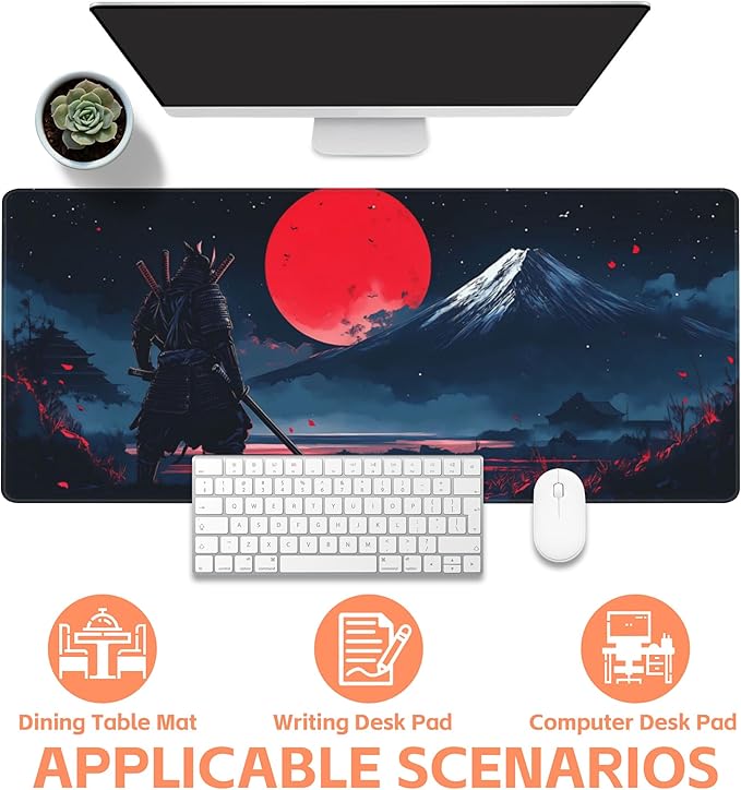 NIYLYNSYN Mouse Pad Large Samurai and Red Moon Non-Slip Game Desk Mat with Stitched Edge Laptop Keyboard Desk Pad for Work Home Gaming (35.4 x 15.7 Inches)