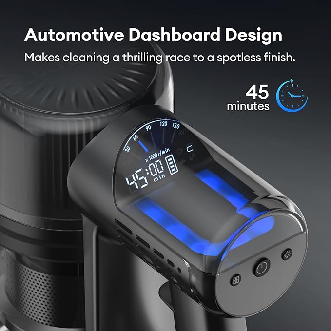 Ultenic Cordless Vacuum Cleaner, 450W 40Kpa Stick Vacuum with Car Dashboard Screen, Tangle-Free Brush for Pet Hair, Max 45mins Runtime, LED Display Tools for Hard Floor, Carpet, Car Cleaning, U12