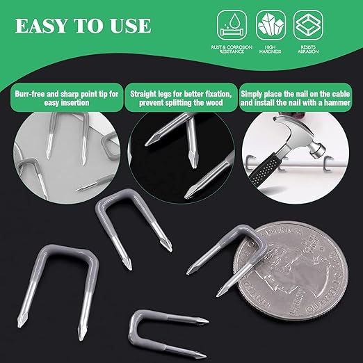 Yauhar 800Pcs 4mm 6mm 8mm 10mm J-Hook Ethernet Cable Nails Wire Clips with Steel Nails and 5/8" 3/4" 1/2" 1" Insulated U Staple Nail for Home Office Business
