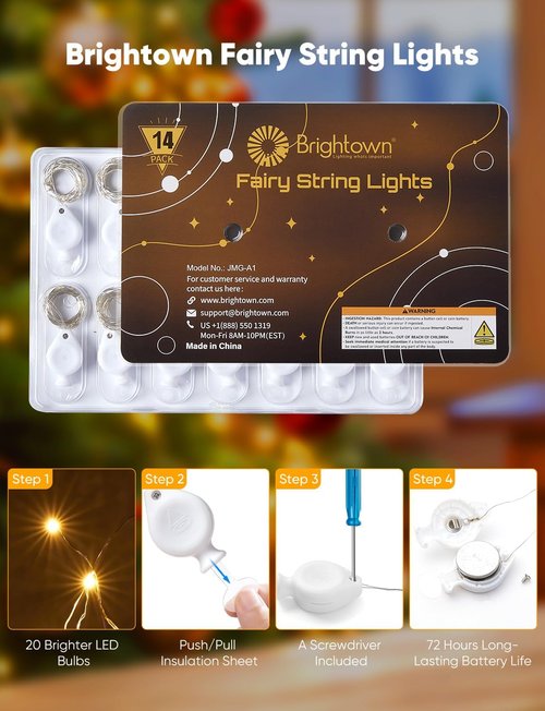 Brightown LED Fairy Lights - 14 Pack Warm White & White Battery Operated String Lights | 7ft Waterproof Silver Wire for DIY Decor