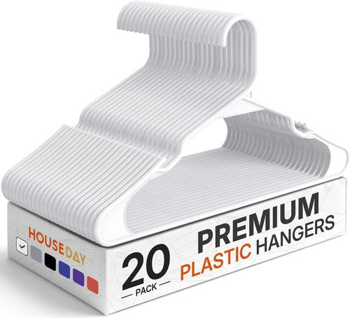 HOUSE DAY Plastic Hangers - 20 Pack White Non-Slip Clothes Hangers for T-Shirts, Dresses & Coats