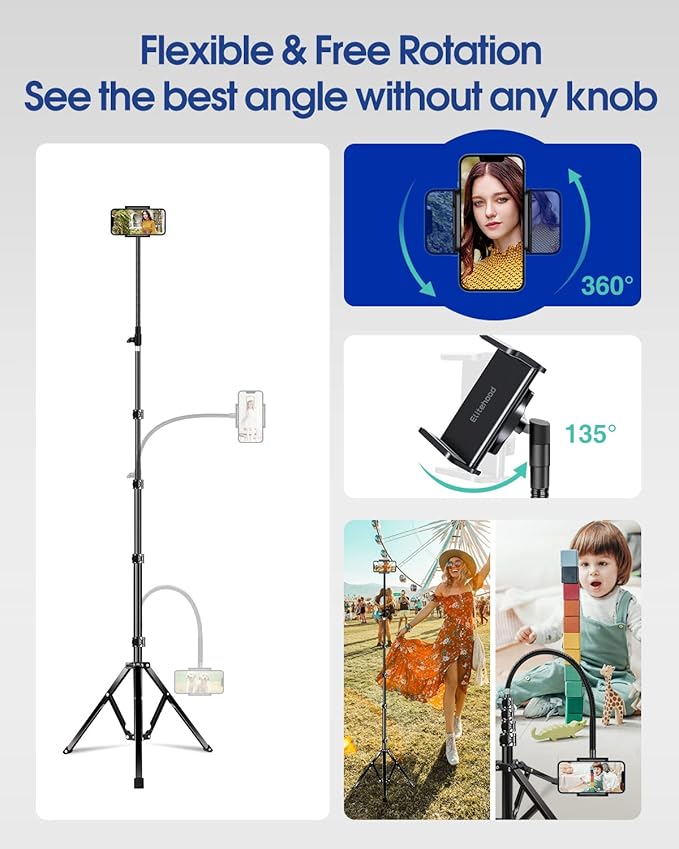 Elitehood 6.7 Feet Tall Phone Tripod, Heavy Duty Metal iPhone Tripod Stand with Remote, 17" Gooseneck Overhead Phone Mount for iPhone 15 14 13 Pro Max / 13 Pro / 13 12 11, Android Cell Phone Black