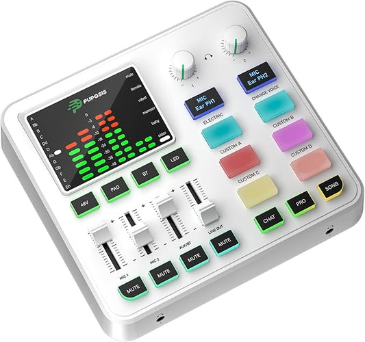 PUPGSIS Gaming Audio Mixer, Audio Interface for PC/Podcast/Streaming, Sound Board with 3.5mm/XLR Mic Input, 48V Phantom Power, Voice Changer, Live Sound Card with DJ Mixer Effects/Bluetooth(White)
