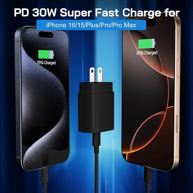 30W USB C i Phone 17 16 15 Charger Fast Charging, 2PACK Wall Charger for iPhone 16 15 Pro Max Charger Cord 6.6FT Fast Type C Block for iPhone 17 Pro Max/17 Air/16/15 Plus/15 Pro Max,i Pad Pro, Black