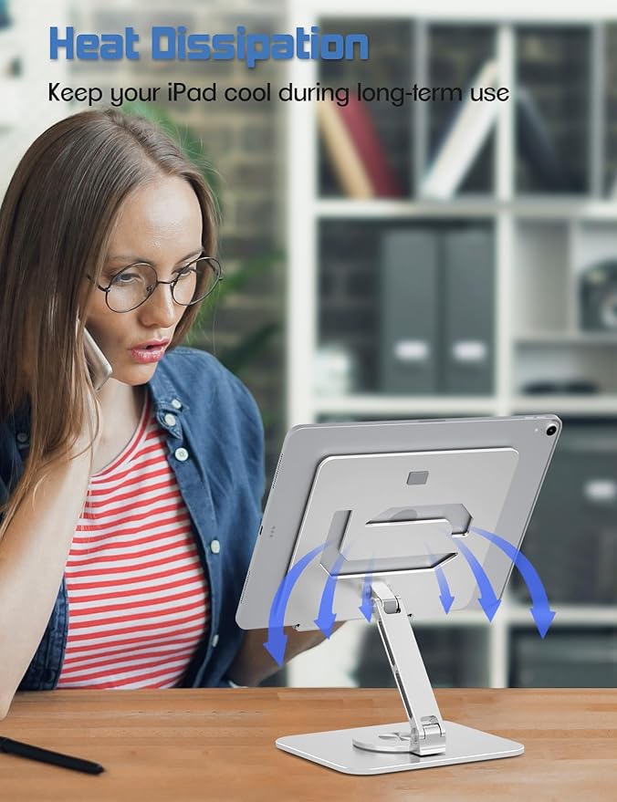 ToBeoneer Tablet Stand Holder with 360°Rotating Base - Adjustable Aluminum Desktop Stand for iPad Holder for Desk Compatible with 4-13" Tablets, Silver