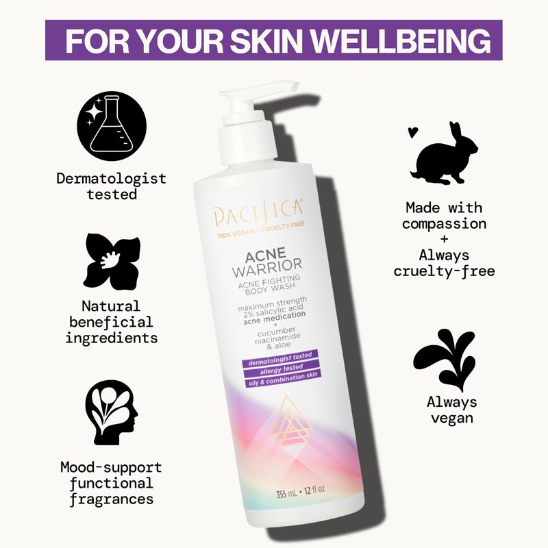 Pacifica Beauty Acne Warrior Acne Fighting Body Wash with Pump, Bath and Shower Gel, 2% Salicylic Acid, Cucumber, Niacinamide, Aloe, Acne Treatment, Blemishes, Vegan, 12 fl oz (1 Count)