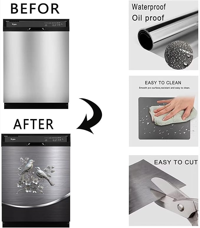Grey Metal Silver Pattern,Dishwasher Cover Sheet, Magnetic Bird Flower Polishing Steelbird Dishwasher Skin Decor, Silver Texture, 23X26 INCH Magnet Rerigerator Wrap, Kitchen Panel Full Decal