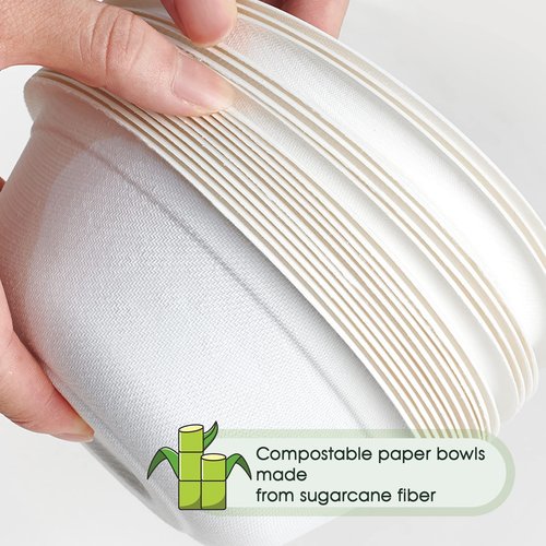 ECOLipak 150 Pack 12 oz Paper Bowls Disposable, Heavy-Duty Biodegradable Compostable Bowls Made of Natural Sugarcane Bagasse, Suitable for Salad, Dessert, Milk, Cereals