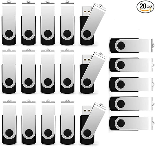 USB Flash Drive 2GB 20 Pack, Bulk USB 2.0 Flash Drives Thumb Drive Swivel Memory Stick Jump Drive Pen Drive, Black, 2 GB, 20 Pieces
